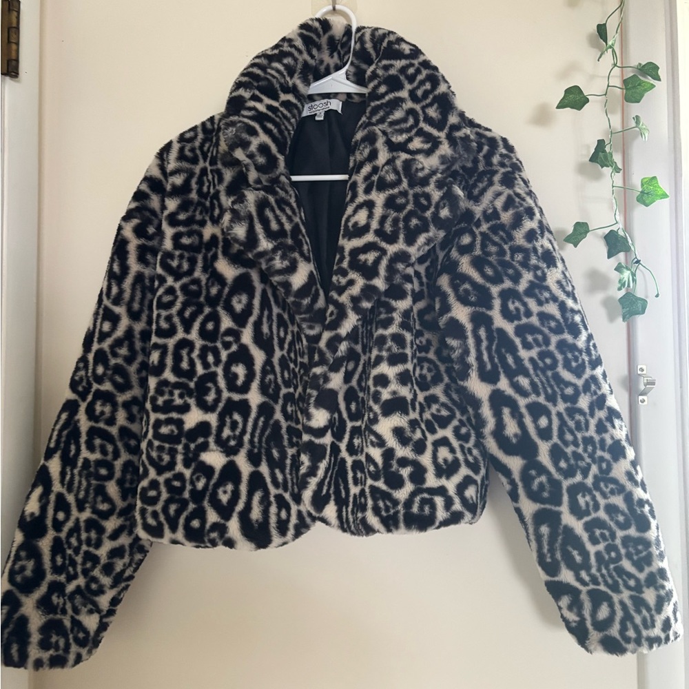 Stoosh Leopard Print Faux Fur Jacket - Black & Cream